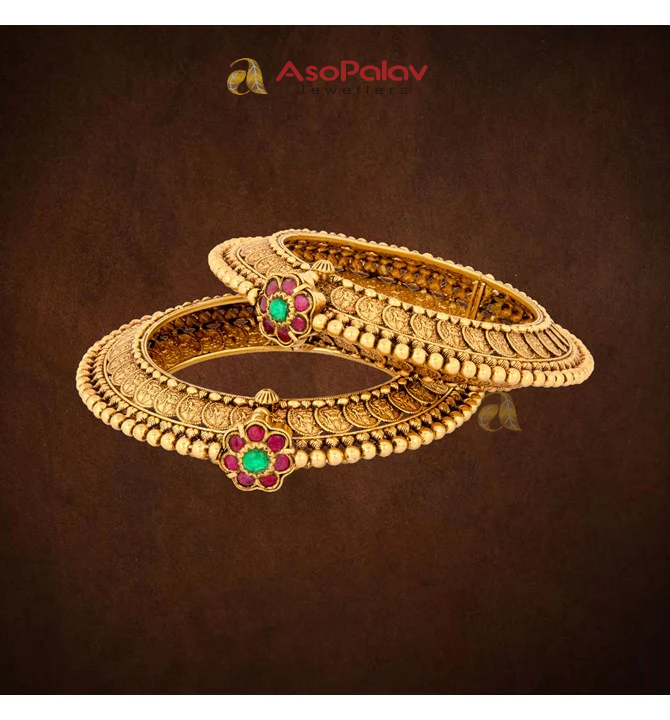 22K Semi Antique Gold Bangles with Ruby Accents